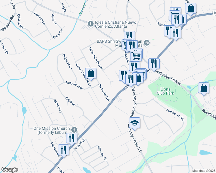 map of restaurants, bars, coffee shops, grocery stores, and more near 341 Little John Drive Northwest in Lilburn