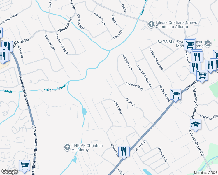 map of restaurants, bars, coffee shops, grocery stores, and more near 464 Rams Court in Tucker