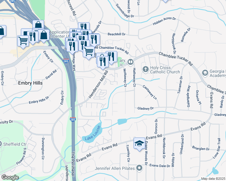 map of restaurants, bars, coffee shops, grocery stores, and more near 3112 Rockaway Road in Chamblee