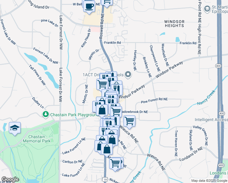 map of restaurants, bars, coffee shops, grocery stores, and more near 4589 Roswell Road Northeast in Atlanta