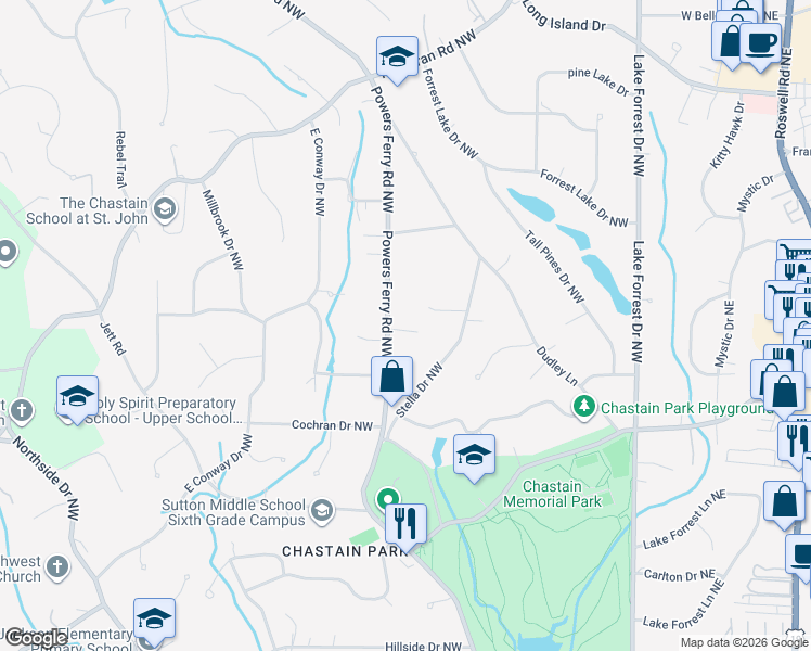 map of restaurants, bars, coffee shops, grocery stores, and more near 260 Danbury Lane Northwest in Atlanta
