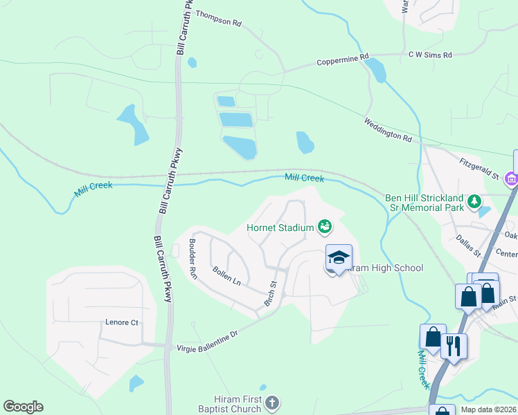 map of restaurants, bars, coffee shops, grocery stores, and more near 231 Baywood Crossing in Hiram