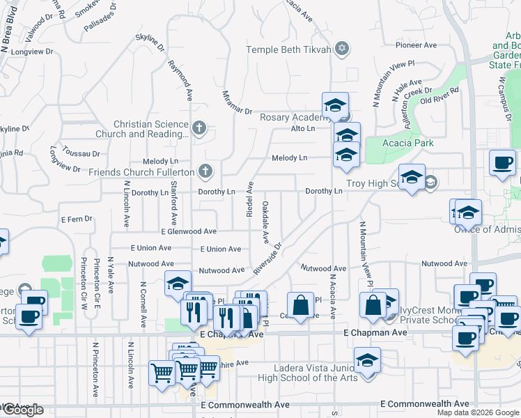 map of restaurants, bars, coffee shops, grocery stores, and more near 1101 Oakdale Avenue in Fullerton