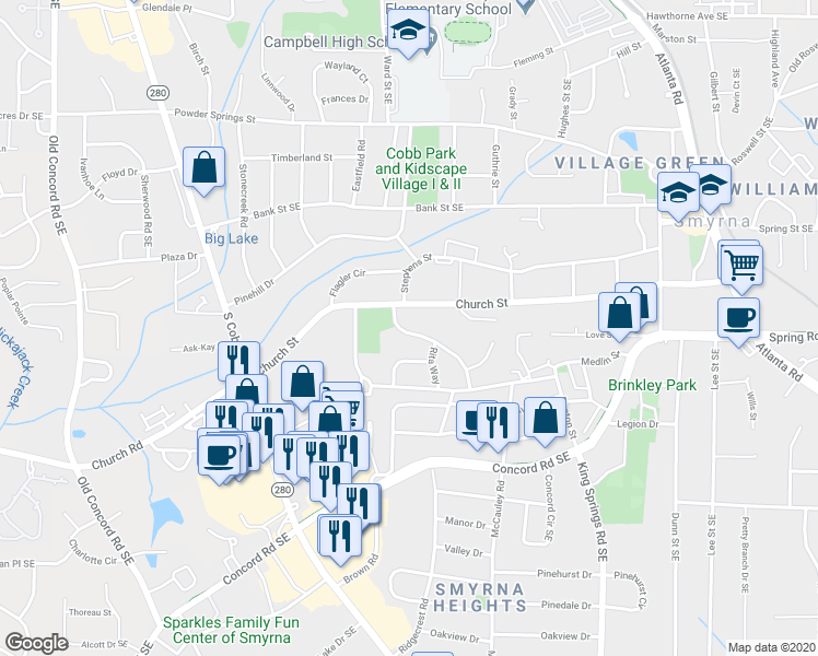map of restaurants, bars, coffee shops, grocery stores, and more near 3011 Clifton Road in Smyrna