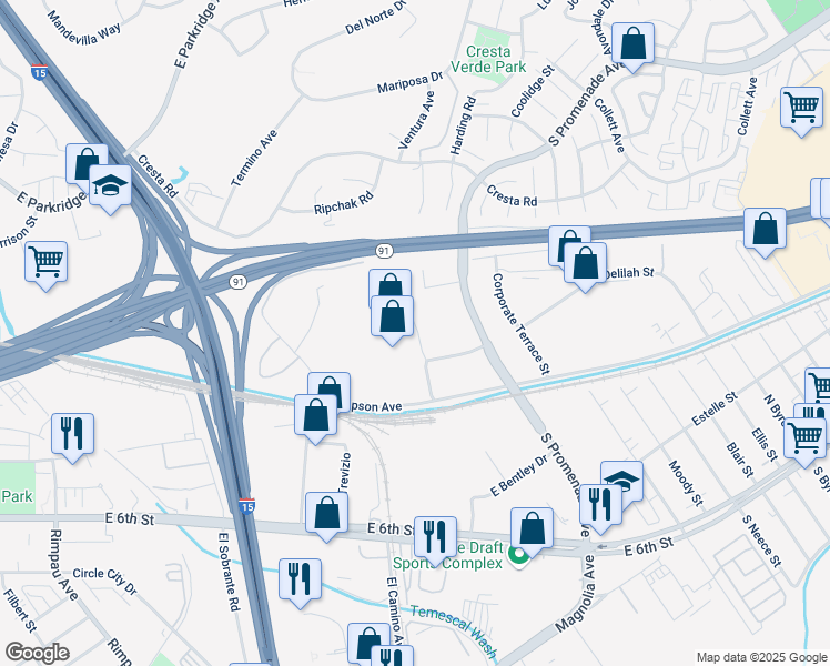 map of restaurants, bars, coffee shops, grocery stores, and more near 299 Mariah City Circle in Corona