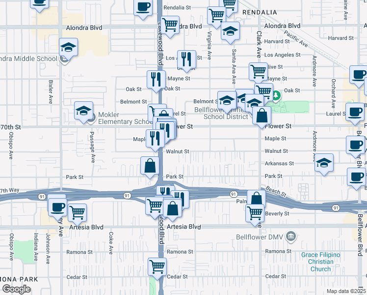 map of restaurants, bars, coffee shops, grocery stores, and more near 9109 Walnut Street in Bellflower