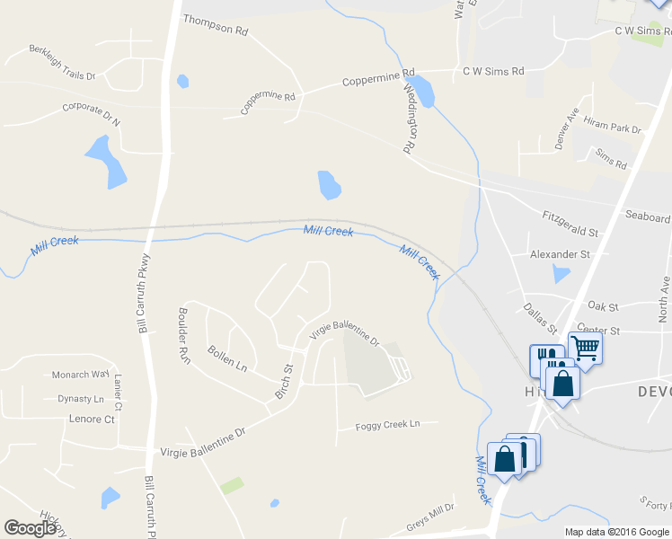map of restaurants, bars, coffee shops, grocery stores, and more near 258 Baywood Way in Hiram