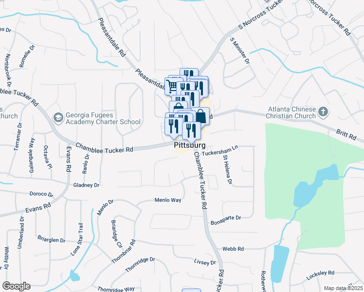 map of restaurants, bars, coffee shops, grocery stores, and more near 4317 Chamblee Tucker Road in Tucker