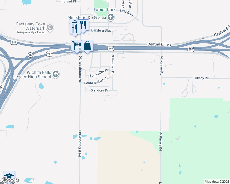 map of restaurants, bars, coffee shops, grocery stores, and more near 1603 Glendora Drive in Wichita Falls