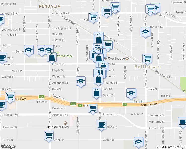 map of restaurants, bars, coffee shops, grocery stores, and more near 9727 Walnut Street in Bellflower