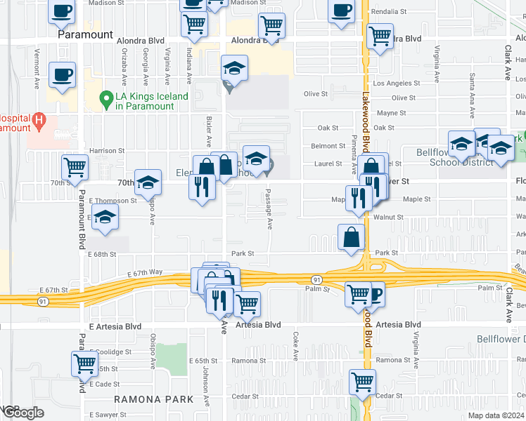 map of restaurants, bars, coffee shops, grocery stores, and more near 16849 Passage Ave in Paramount
