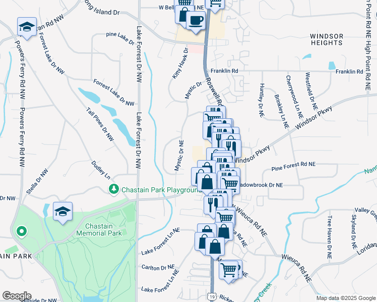 map of restaurants, bars, coffee shops, grocery stores, and more near 4615 Mystic Drive Northeast in Sandy Springs