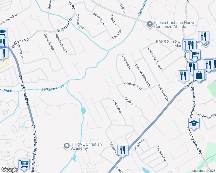 map of restaurants, bars, coffee shops, grocery stores, and more near 464 Rams Court in Tucker