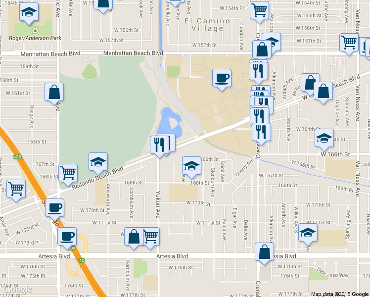 map of restaurants, bars, coffee shops, grocery stores, and more near 3450 Redondo Beach Boulevard in Torrance