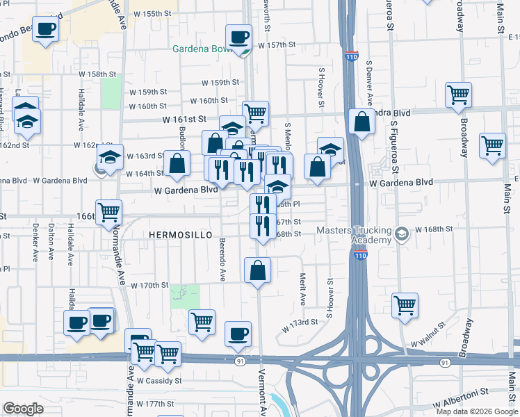 map of restaurants, bars, coffee shops, grocery stores, and more near 860 West 165th Place in Gardena