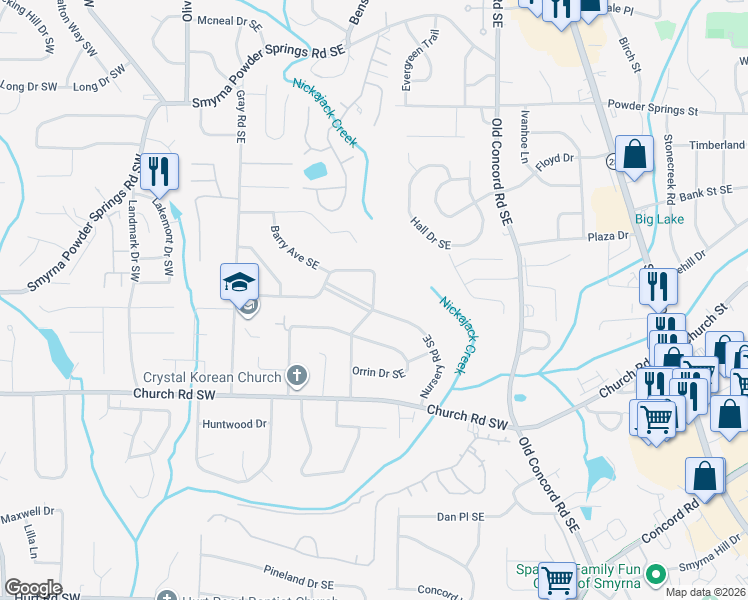 map of restaurants, bars, coffee shops, grocery stores, and more near 3139 North Nursery Road in Smyrna