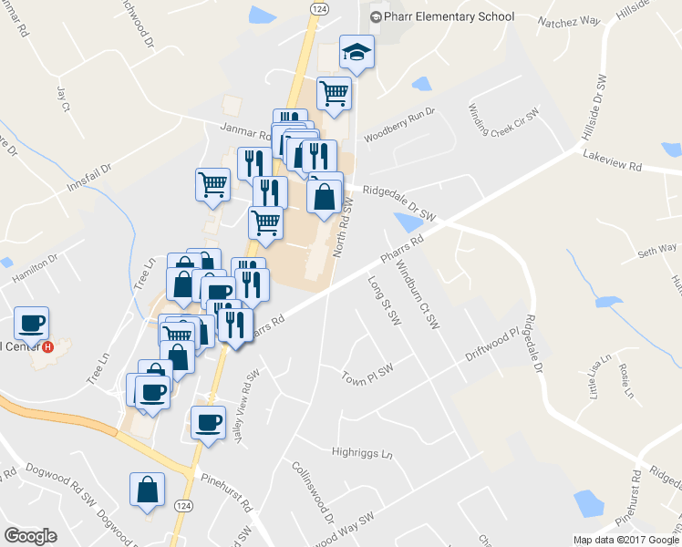 map of restaurants, bars, coffee shops, grocery stores, and more near 1861 Pharrs Road in Snellville