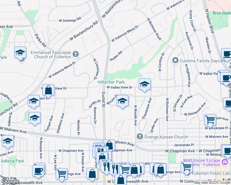 map of restaurants, bars, coffee shops, grocery stores, and more near 813 West Fern Drive in Fullerton