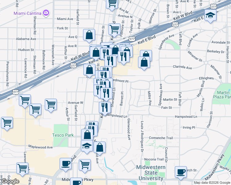 map of restaurants, bars, coffee shops, grocery stores, and more near 3115 Sherwood Lane in Wichita Falls