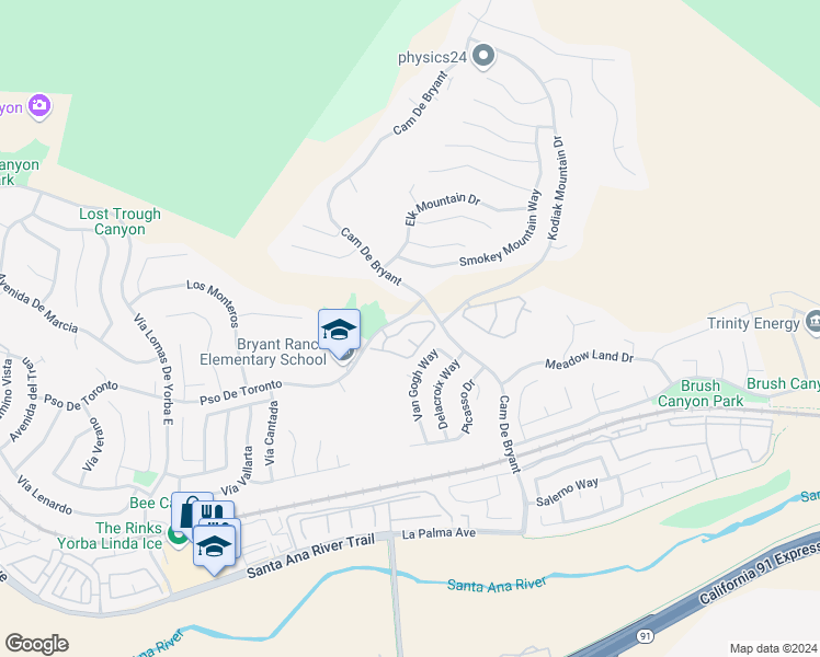 map of restaurants, bars, coffee shops, grocery stores, and more near 5517 Patricia Way in Yorba Linda