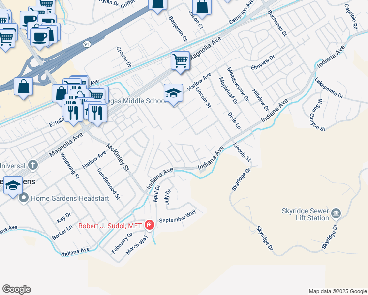 map of restaurants, bars, coffee shops, grocery stores, and more near 3523 April Shower Drive in Riverside