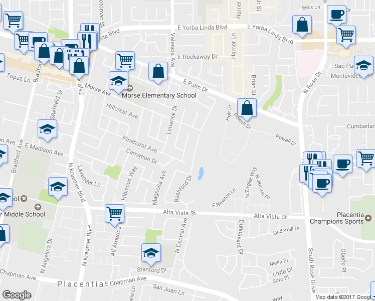map of restaurants, bars, coffee shops, grocery stores, and more near 1126 Naples Avenue in Placentia