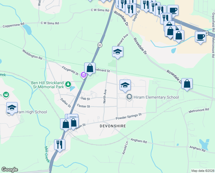 map of restaurants, bars, coffee shops, grocery stores, and more near 306 North Avenue in Hiram