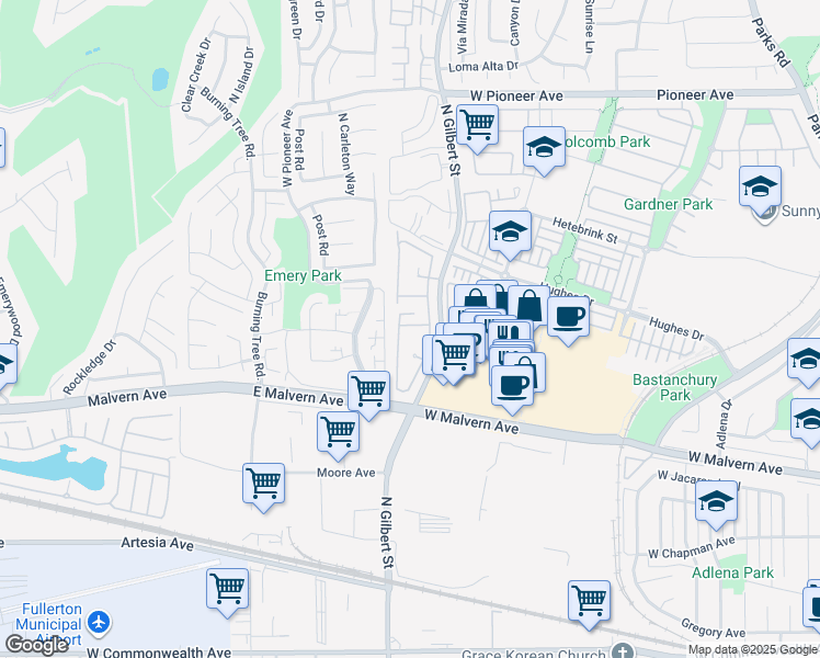 map of restaurants, bars, coffee shops, grocery stores, and more near 919 Creekside Drive in Fullerton