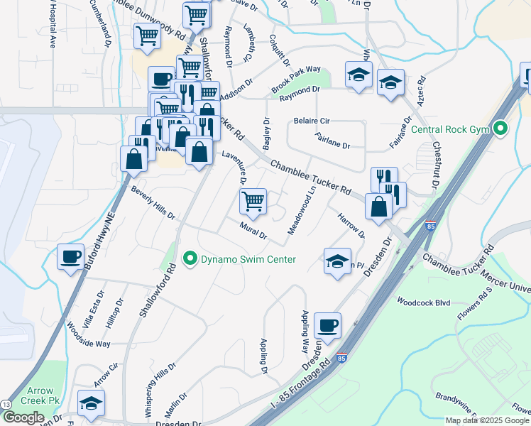 map of restaurants, bars, coffee shops, grocery stores, and more near 3062 Meadow Mere West in Chamblee