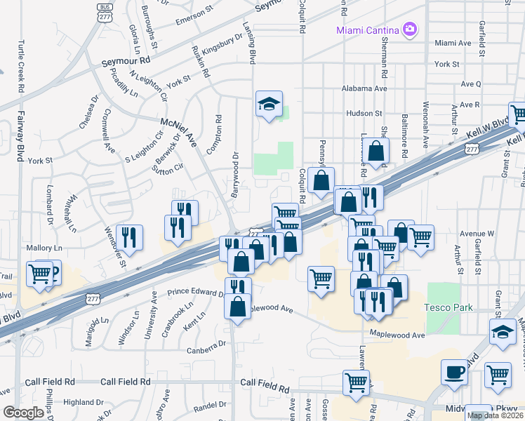 map of restaurants, bars, coffee shops, grocery stores, and more near 4000 Kell West Boulevard in Wichita Falls