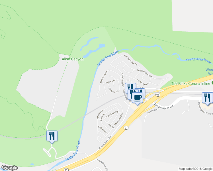 map of restaurants, bars, coffee shops, grocery stores, and more near 11524 Larchmont Drive in Corona