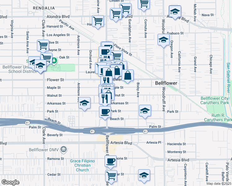 map of restaurants, bars, coffee shops, grocery stores, and more near 9847 Walnut Street in Bellflower