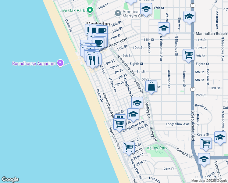 map of restaurants, bars, coffee shops, grocery stores, and more near 416 Highland Avenue in Manhattan Beach