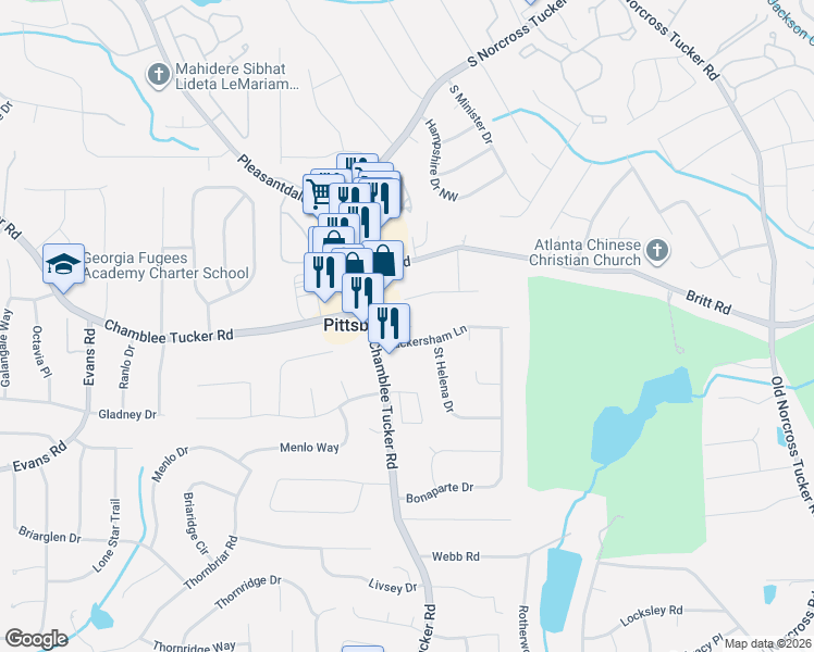 map of restaurants, bars, coffee shops, grocery stores, and more near 3265 Tomeh Way in Tucker