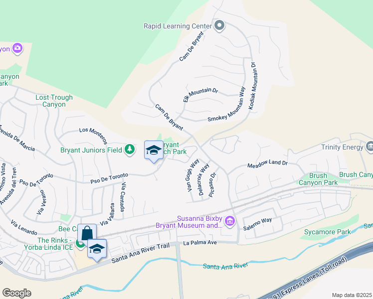 map of restaurants, bars, coffee shops, grocery stores, and more near 5517 Patricia Way in Yorba Linda