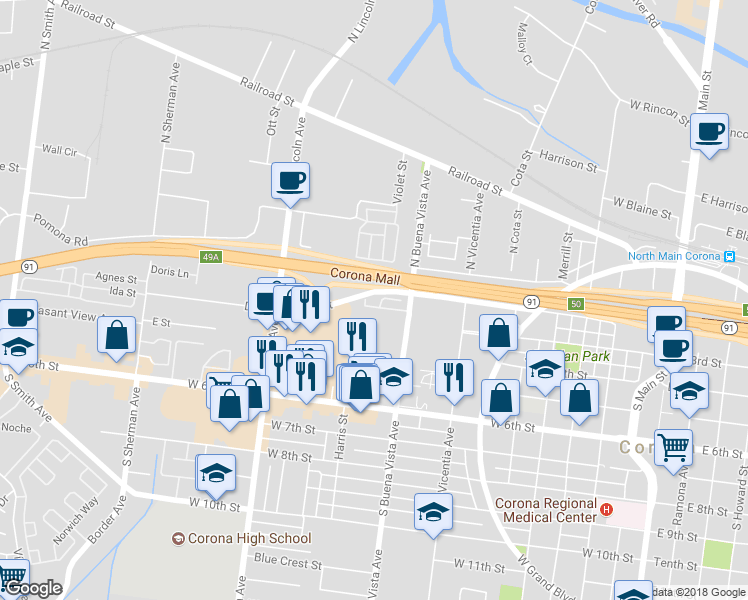 map of restaurants, bars, coffee shops, grocery stores, and more near 206 South Buena Vista Avenue in Corona