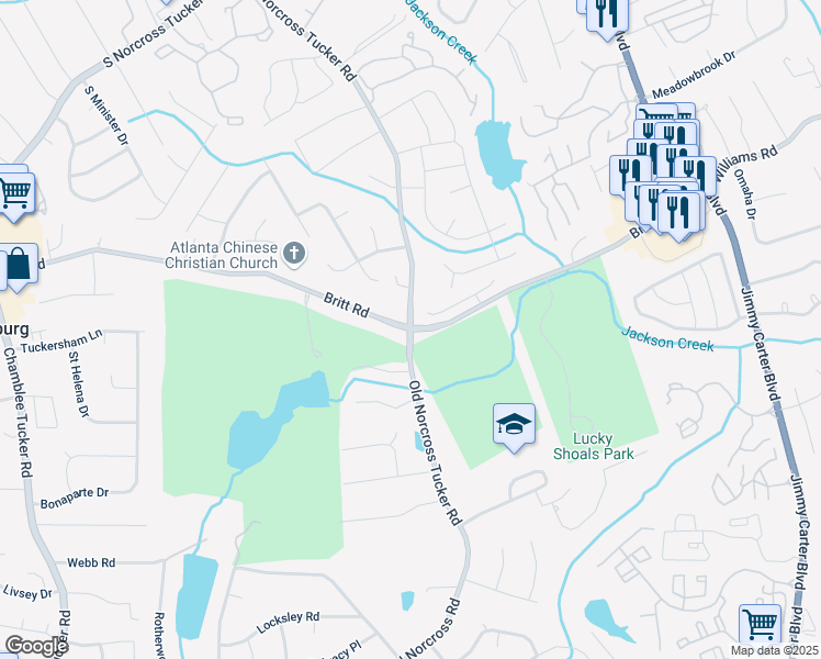 map of restaurants, bars, coffee shops, grocery stores, and more near Old Norcross Tucker Rd & Britt Rd in Gwinnett