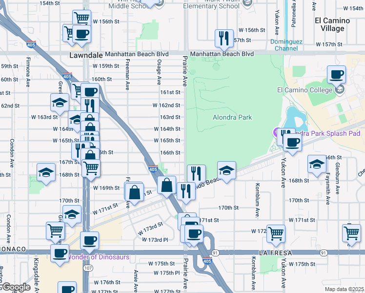 map of restaurants, bars, coffee shops, grocery stores, and more near 16515 Prairie Avenue in Lawndale