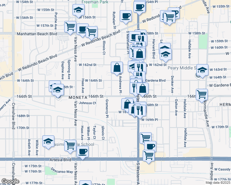 map of restaurants, bars, coffee shops, grocery stores, and more near 16514 Gramercy Place in Gardena