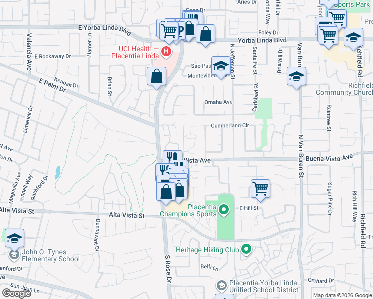 map of restaurants, bars, coffee shops, grocery stores, and more near 5555 Greenwich Circle in Yorba Linda