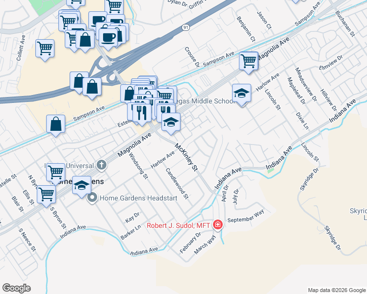 map of restaurants, bars, coffee shops, grocery stores, and more near 13099 Reindeer Court in Riverside