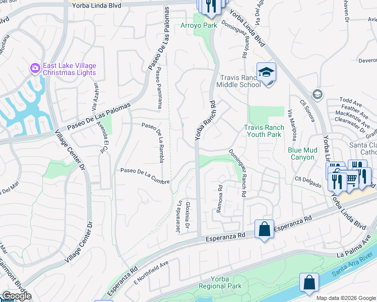 map of restaurants, bars, coffee shops, grocery stores, and more near 5665 Trailside Drive in Yorba Linda