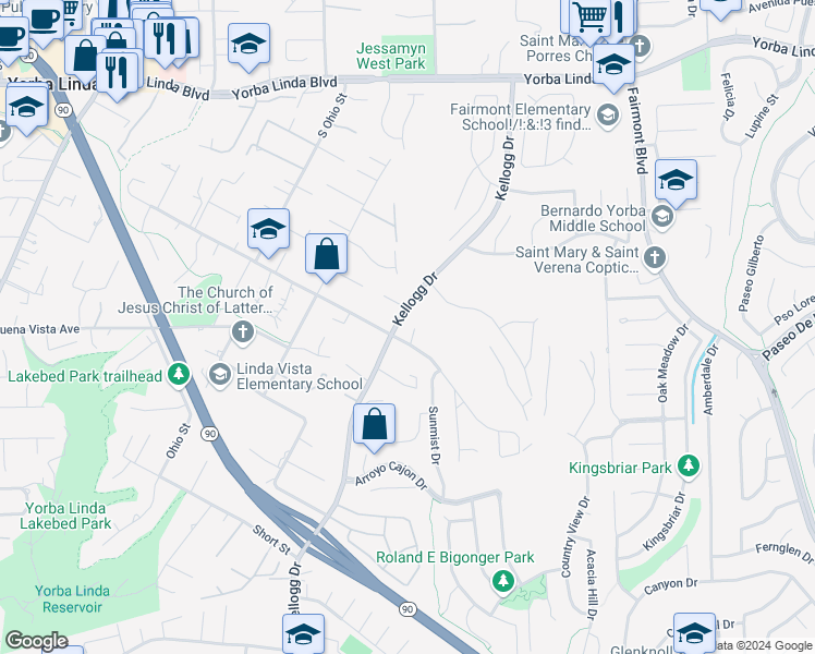 map of restaurants, bars, coffee shops, grocery stores, and more near 5596 Mountain View Avenue in Yorba Linda