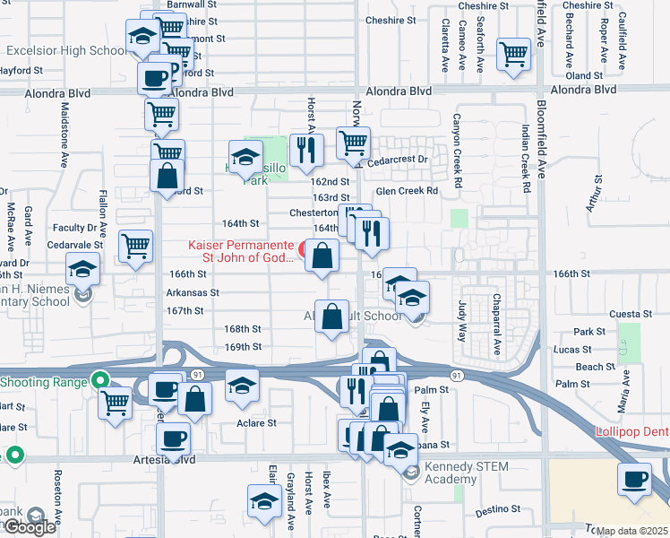map of restaurants, bars, coffee shops, grocery stores, and more near 12125 166th Street in Norwalk