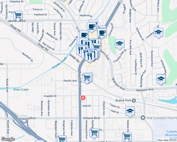 map of restaurants, bars, coffee shops, grocery stores, and more near 5600 River Way in Buena Park