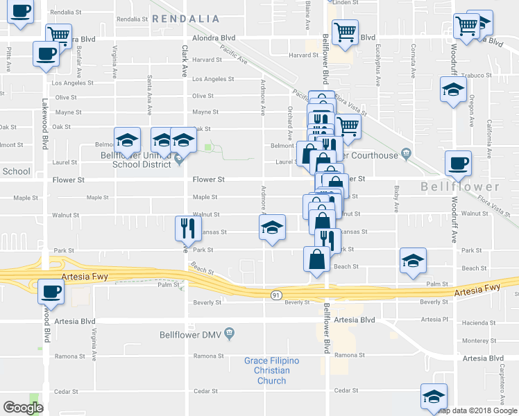 map of restaurants, bars, coffee shops, grocery stores, and more near 16919 Ardmore Avenue in Bellflower
