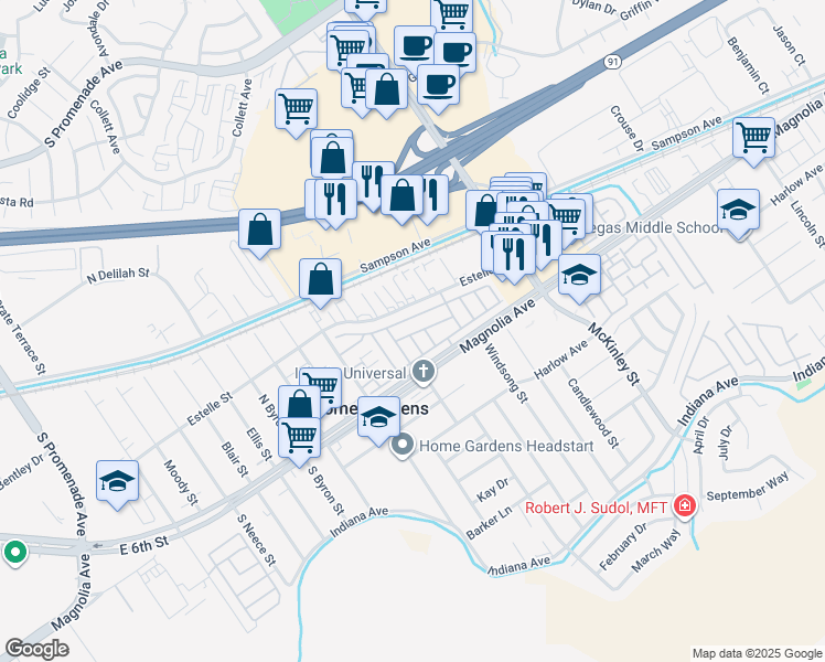 map of restaurants, bars, coffee shops, grocery stores, and more near 13381 Magnolia Avenue in Corona