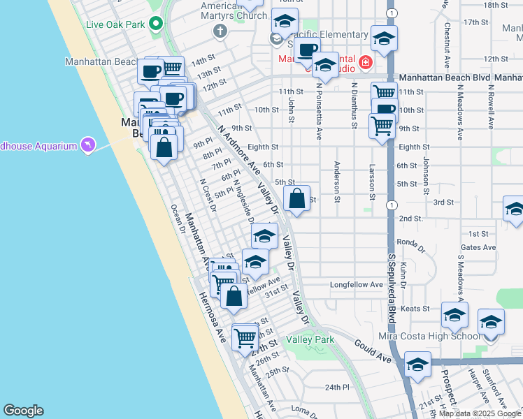 map of restaurants, bars, coffee shops, grocery stores, and more near 529 3rd Street in Manhattan Beach