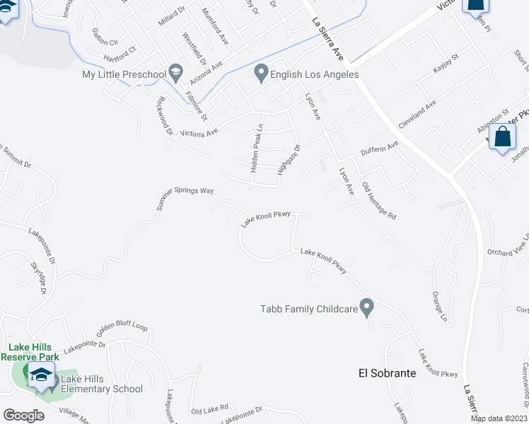 map of restaurants, bars, coffee shops, grocery stores, and more near 16455 Lake Knoll Parkway in Riverside