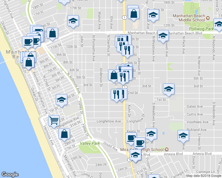 map of restaurants, bars, coffee shops, grocery stores, and more near 210 North Dianthus Street in Manhattan Beach
